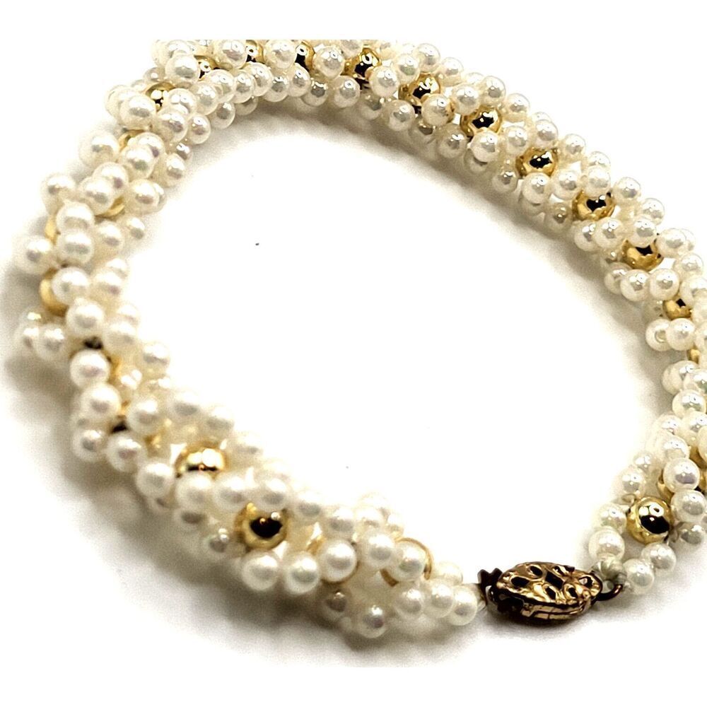 Vintage Woven Faux Pearl Beaded Bracelet 8in